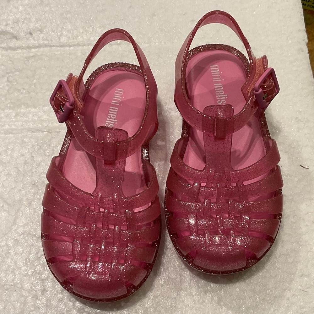 Mini Melissa Sparkle Pink Jelly Sandals with Buckle